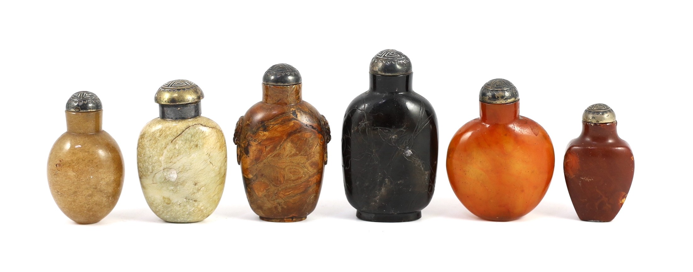 A scholarly collection of six 19th century Chinese snuff bottles, some faults